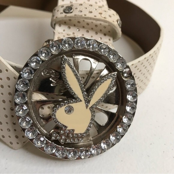Vintage Playboy Y2K Bunny Spinner Rhinestone Enamel Buckle Bling Belt Off White